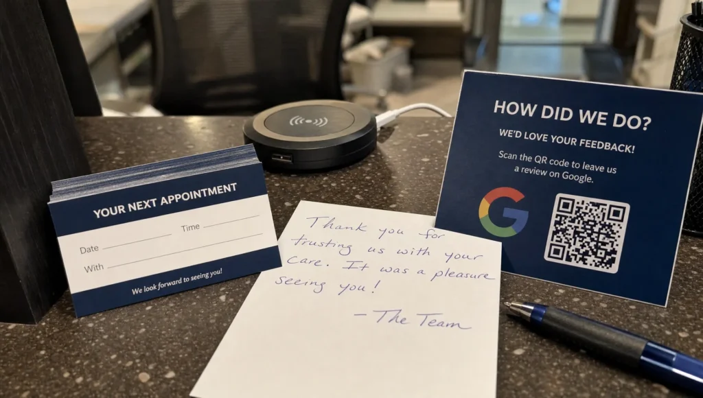 A thank-you note, appointment cards, and a review link card sit on a service counter.