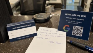 A thank-you note, appointment cards, and a review link card sit on a service counter.