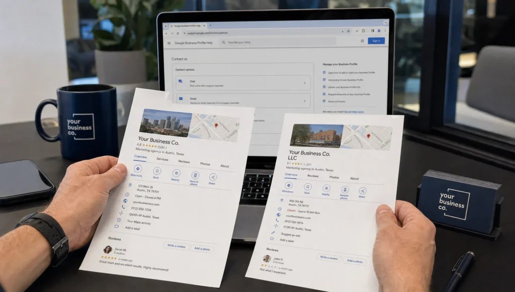 Hands compare two Google Business Profile listings on a desk while a laptop and phone sit nearby in a support workflow.