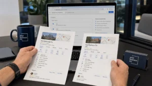 Hands compare two Google Business Profile listings on a desk while a laptop and phone sit nearby in a support workflow.