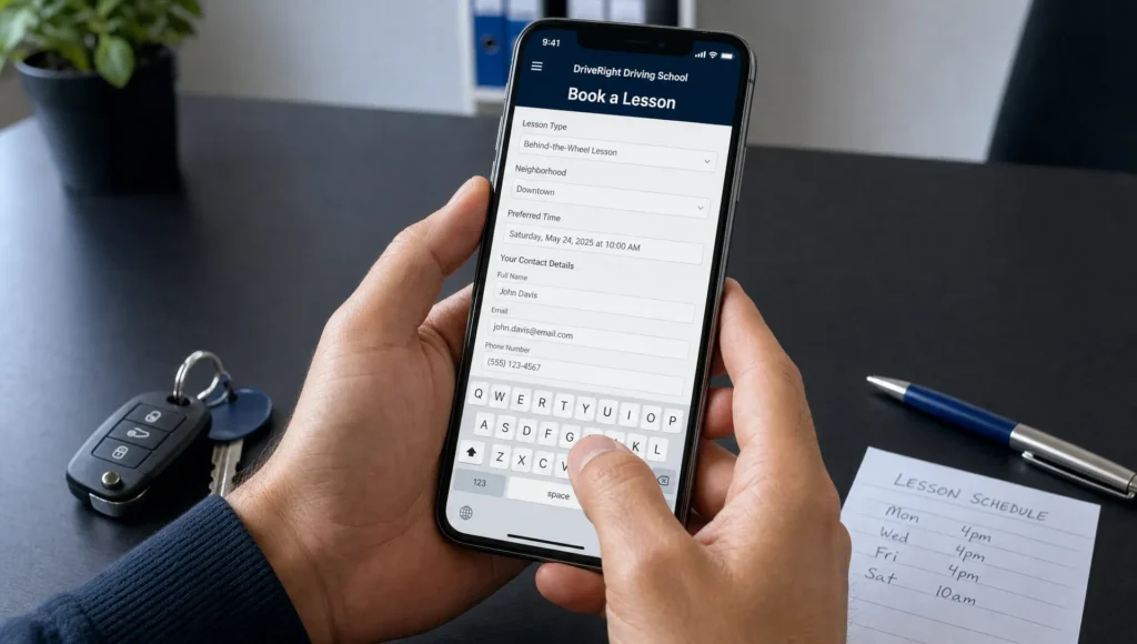 Hands enter driving lesson details on a smartphone booking form beside car keys and a schedule in a real office setting.