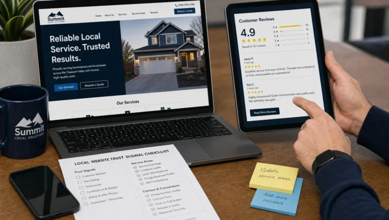 Hands review a tablet and laptop with trust signals, reviews, and contact details during a local website check.