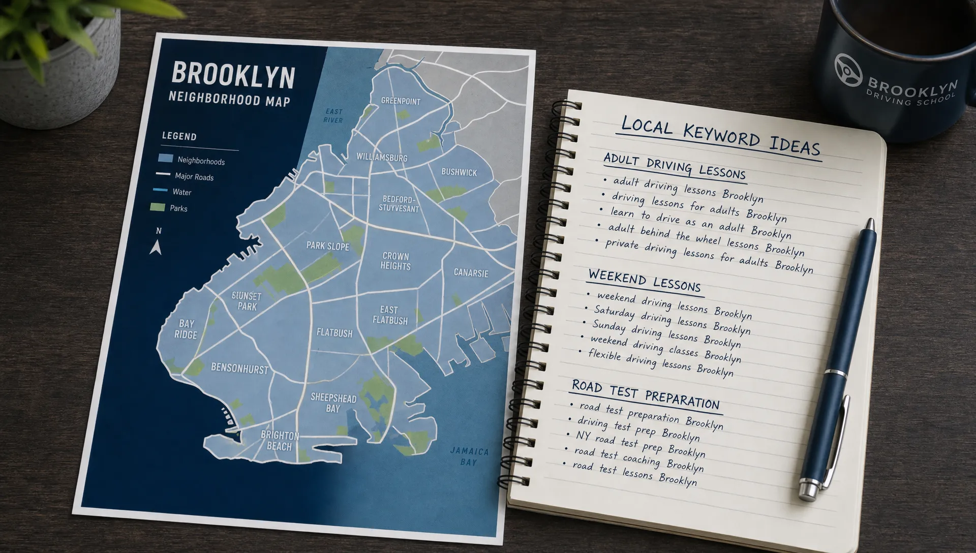 A Brooklyn neighborhood map beside a notebook listing local keyword ideas for adult driving lessons, weekend lessons, and road test preparation.