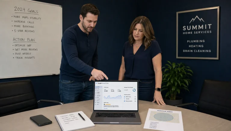 A business owner and specialist review a Google Business Profile dashboard while planning better Maps leads.