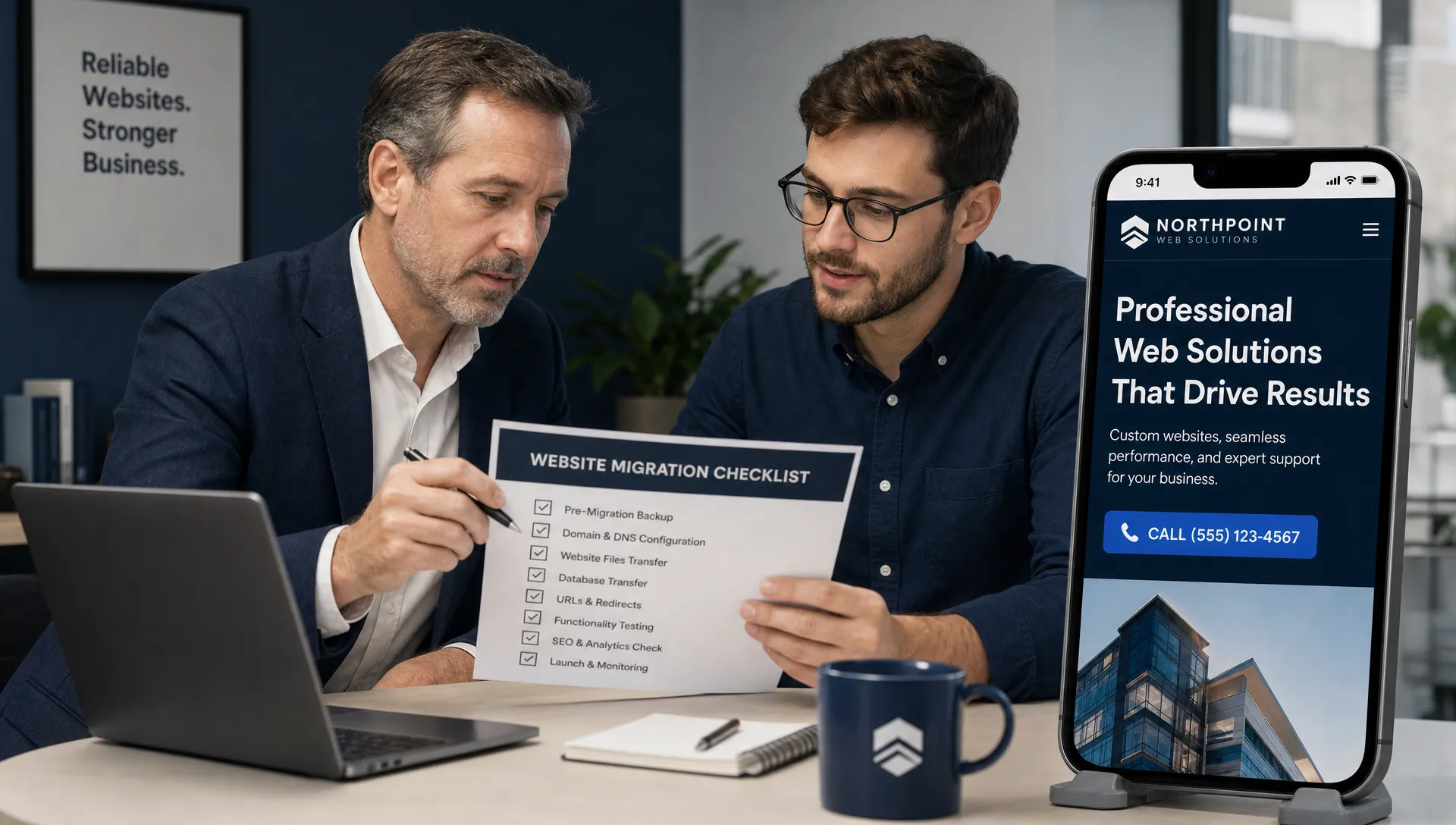 A business owner and web specialist review a website migration checklist beside a smartphone showing a service page with a call button.