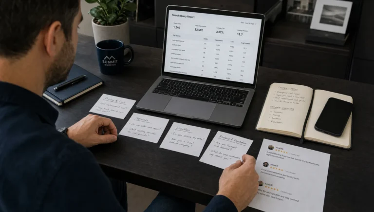 A business owner sorts customer questions beside a laptop and review notes to uncover local keywords.