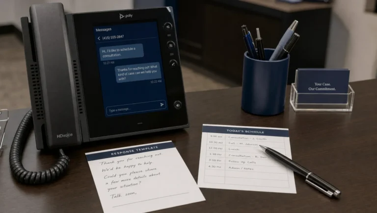 A business phone, response notes, and a desk schedule show a Google Business Profile messaging workflow at the counter.