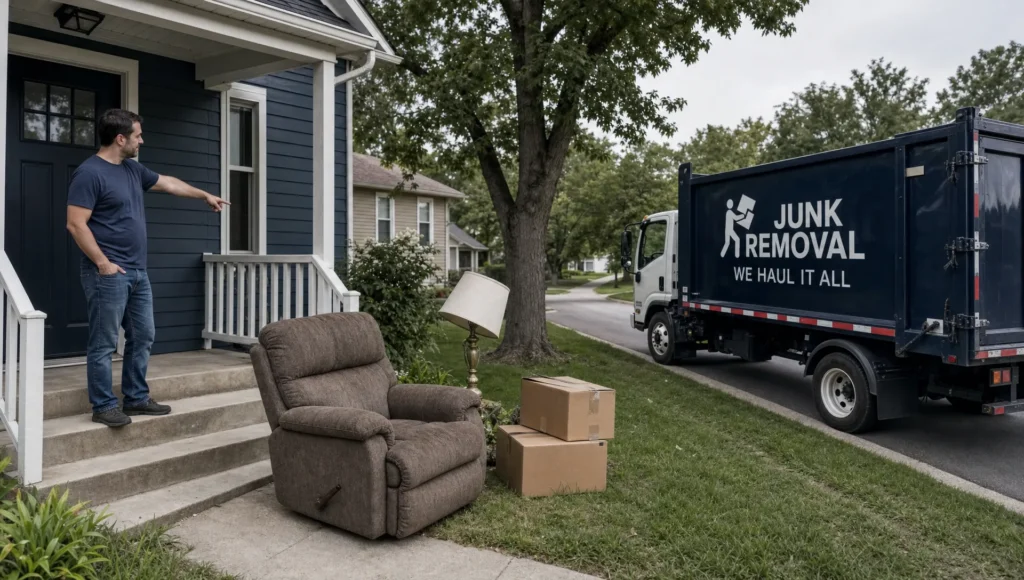 A homeowner sets out a recliner and boxes for junk removal as a truck waits at the curb.