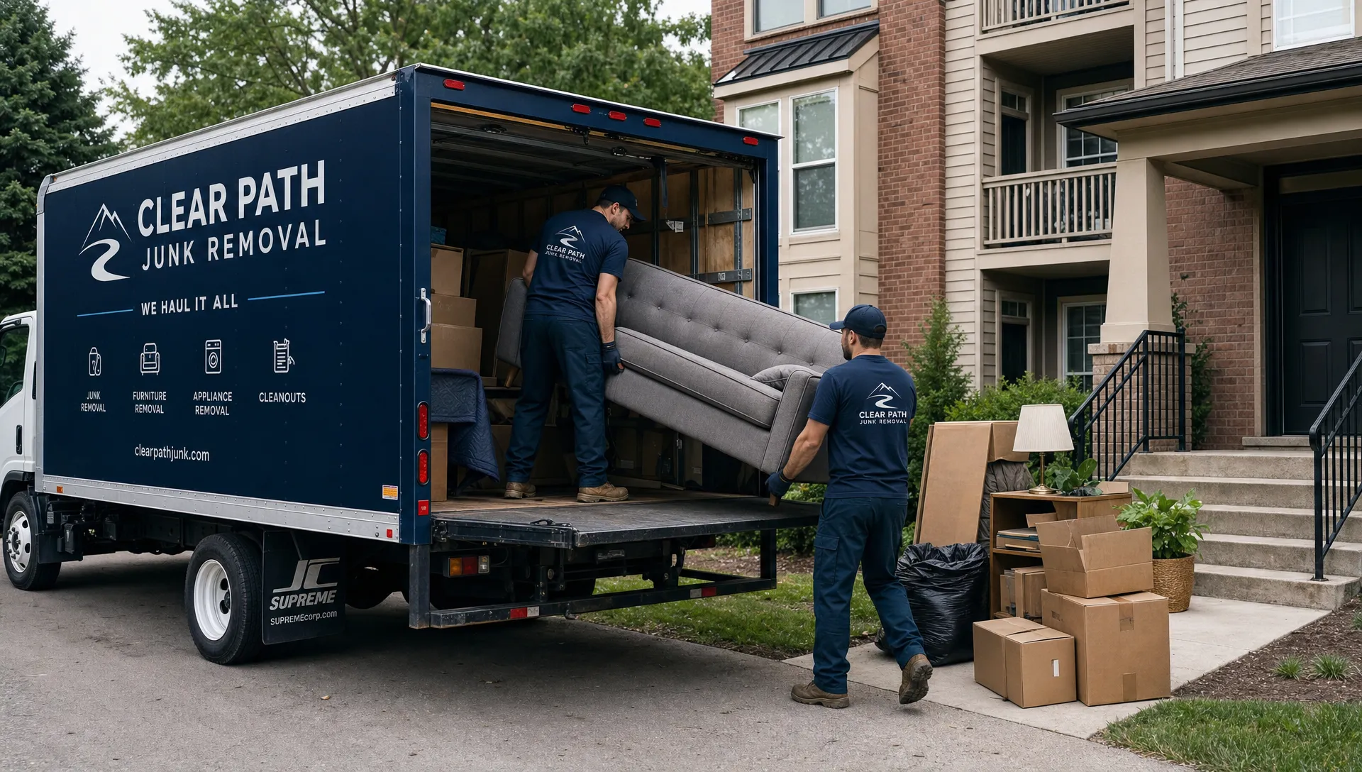 A junk removal crew loads an old sofa and boxed clutter into a truck outside a residential building, with a clear path for the pickup.