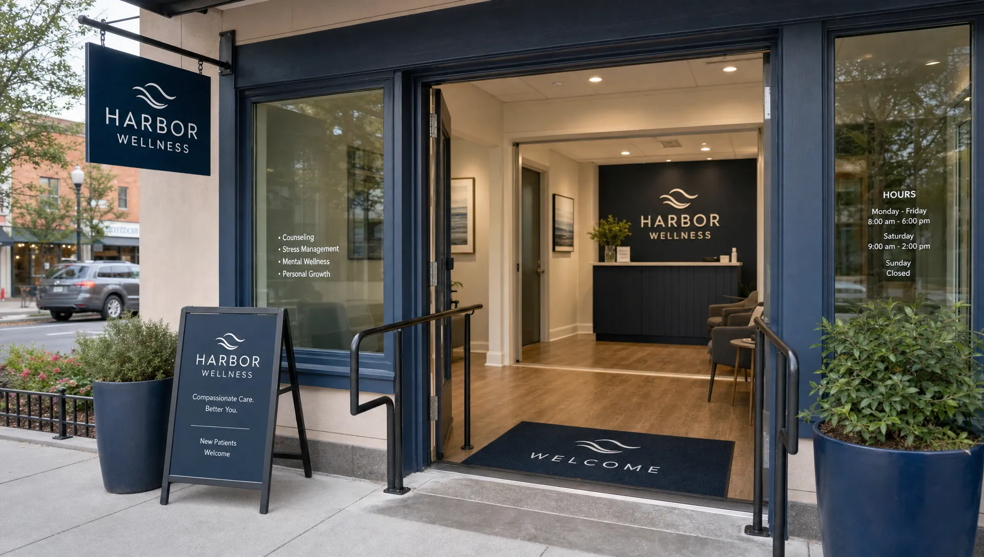 A local business entrance shows a step-free doorway, handrails, and a clear path to the reception area.