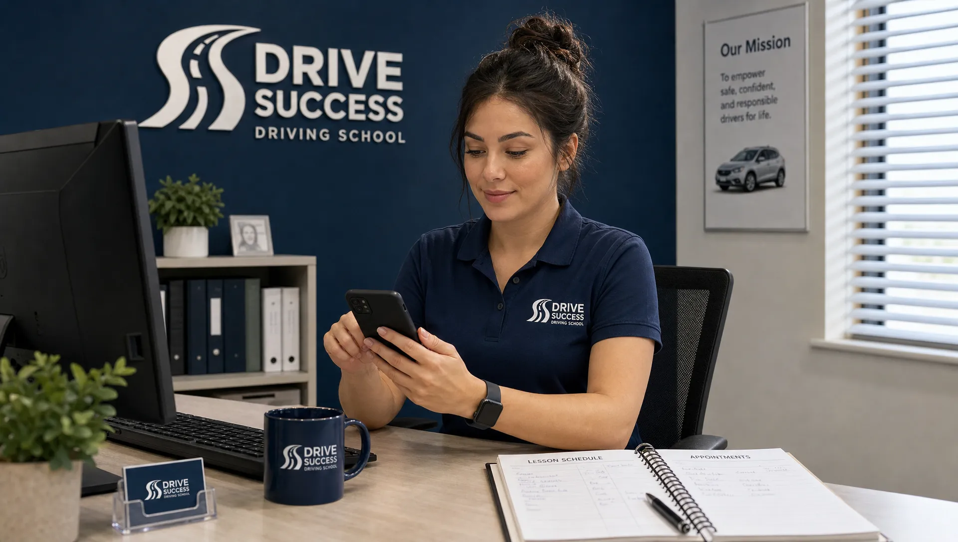 A local driving school office coordinator handles a customer text inquiry on a business phone, with a lesson schedule and appointment notebook nearby.