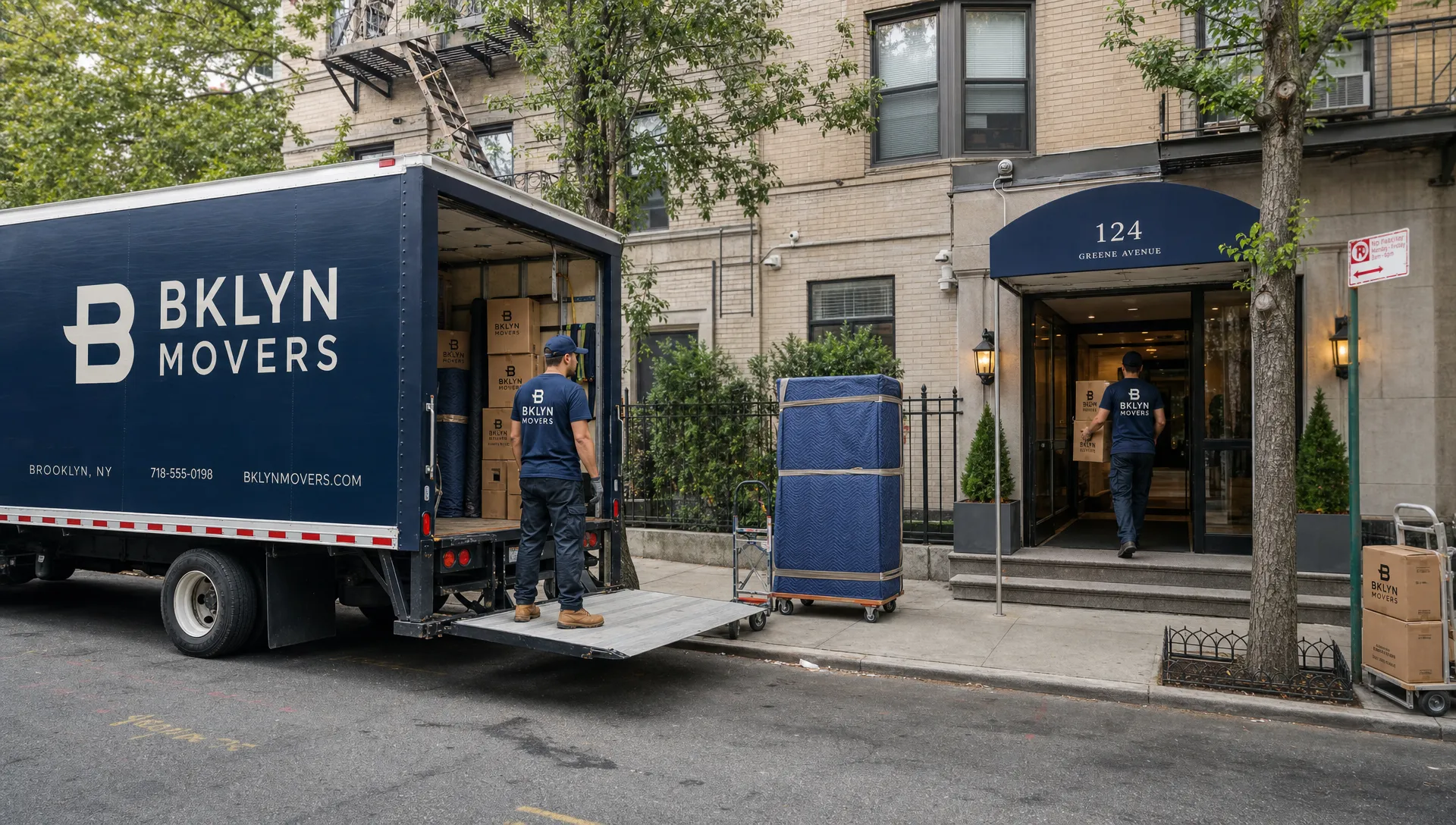 A moving crew with wrapped furniture outside a Brooklyn apartment building shows a local apartment move in progress.