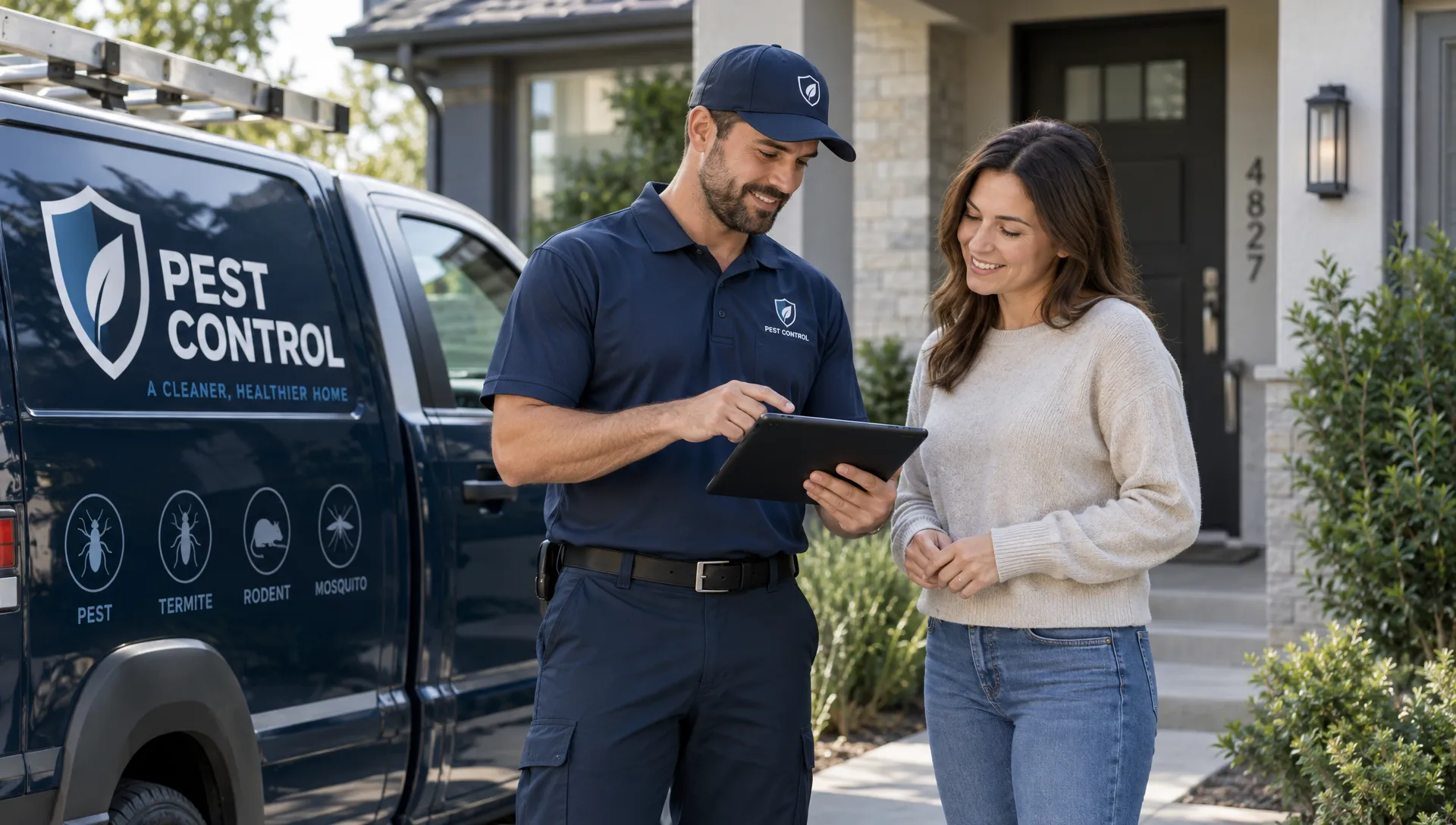 A pest control technician and homeowner discuss an appointment beside a service vehicle at a residential property.