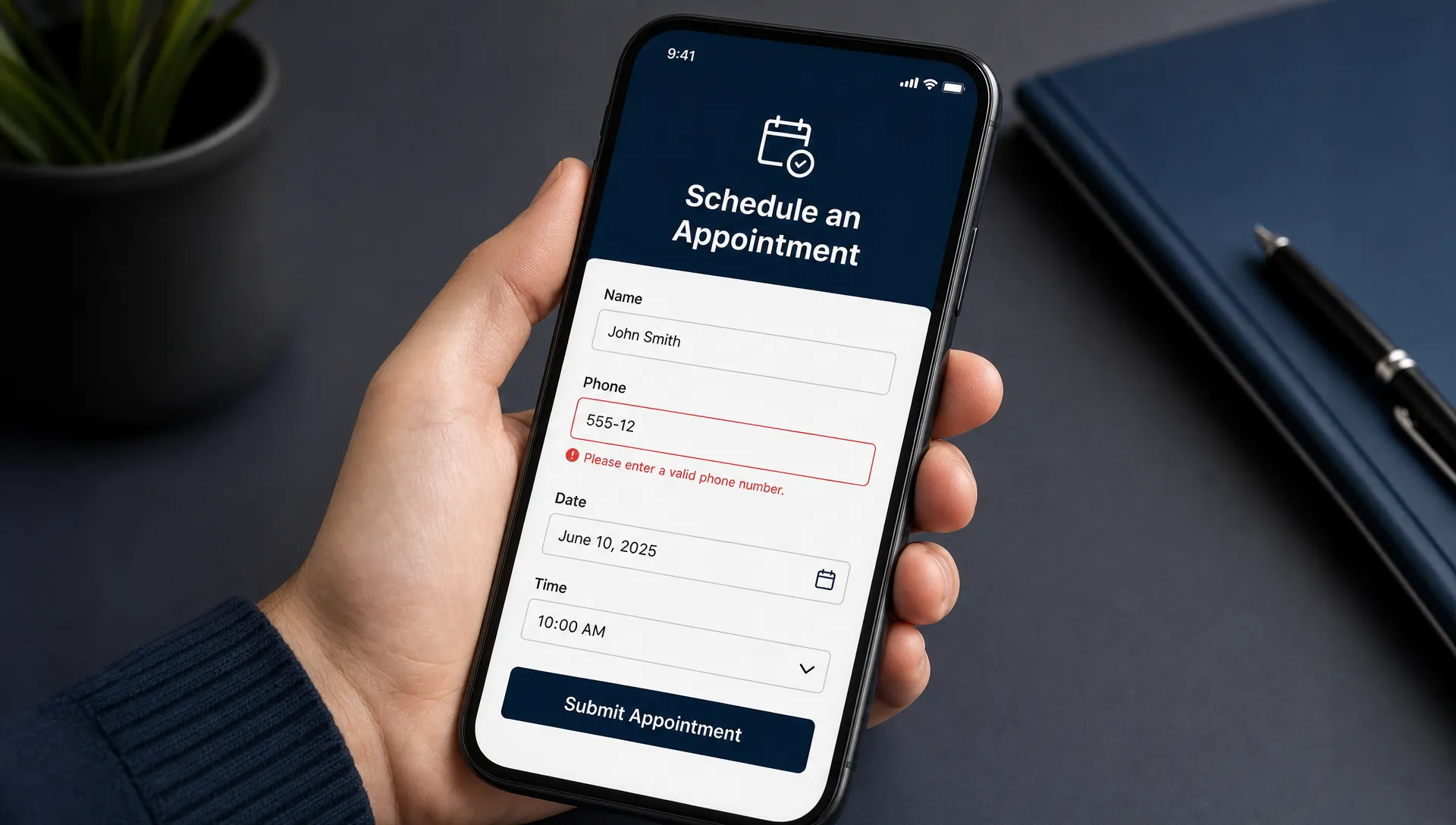 A phone screen shows a readable appointment form with visible Name and Phone labels, a large submit button, and a clear inline error message.