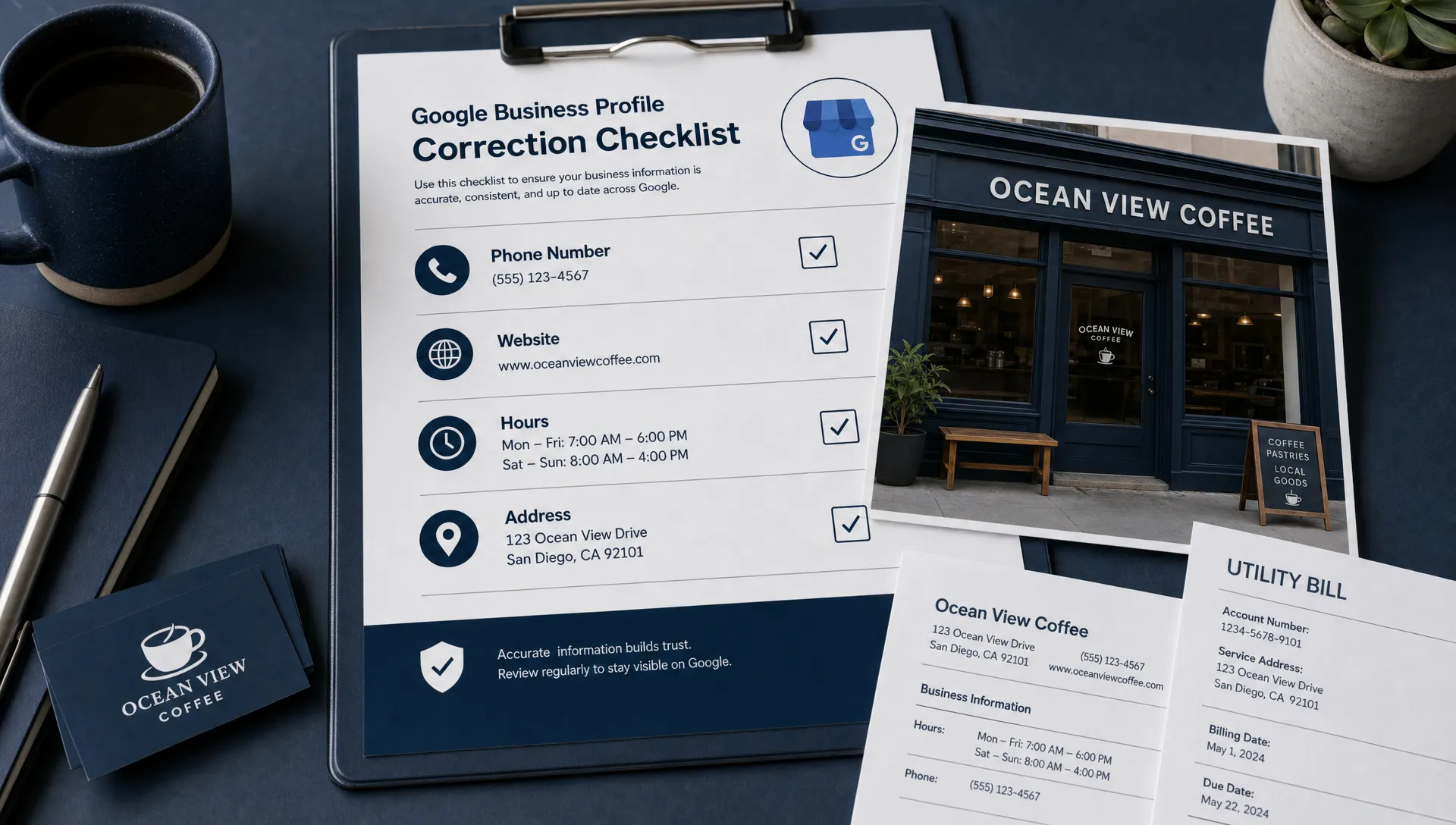 A printed Google Business Profile correction checklist with phone number, website, hours, and address marked beside storefront photos and supporting business records.