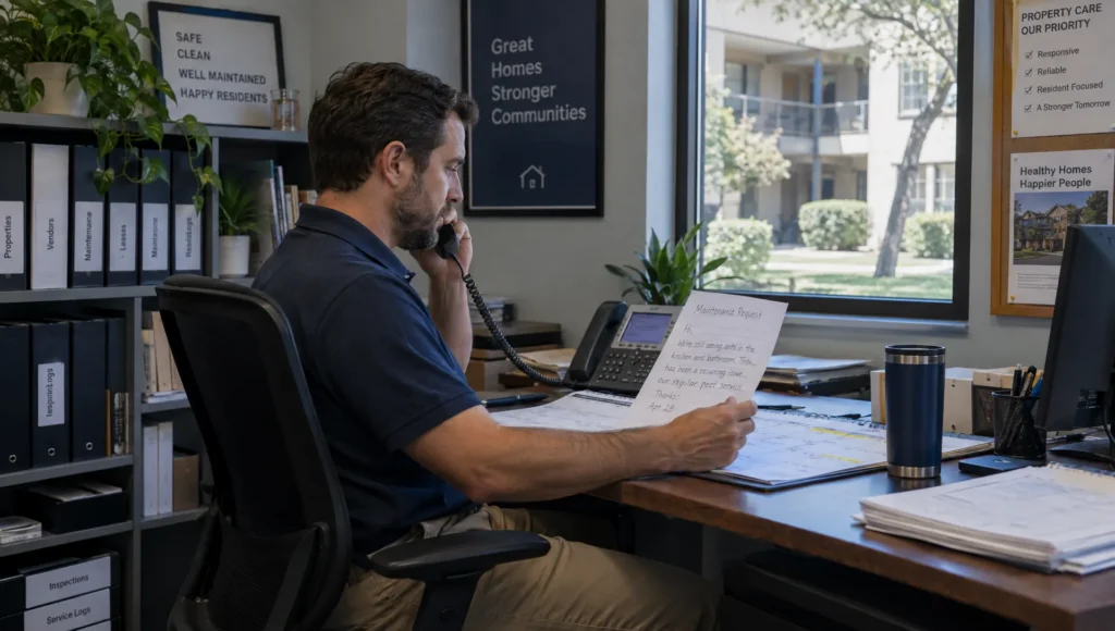 A property manager takes a call while reviewing a maintenance calendar for recurring pest control at a rental property.