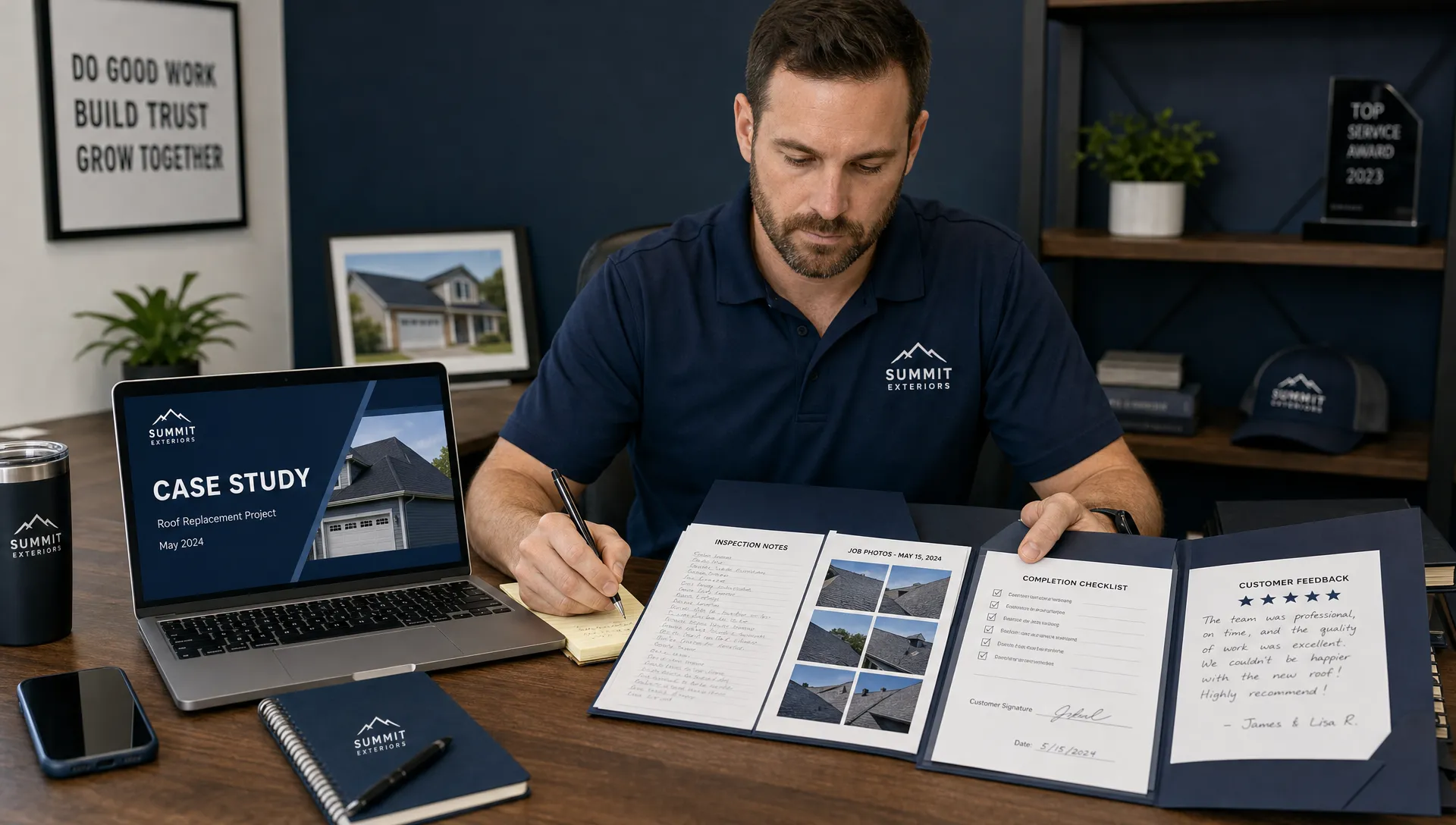 A service business owner organizes project notes, job photos, and customer feedback before writing a case study.