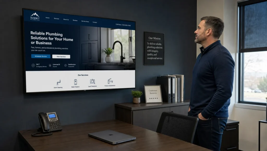 A small business office shows a website menu on a wall display while an owner stands nearby, suggesting accessibility work that supports more leads.