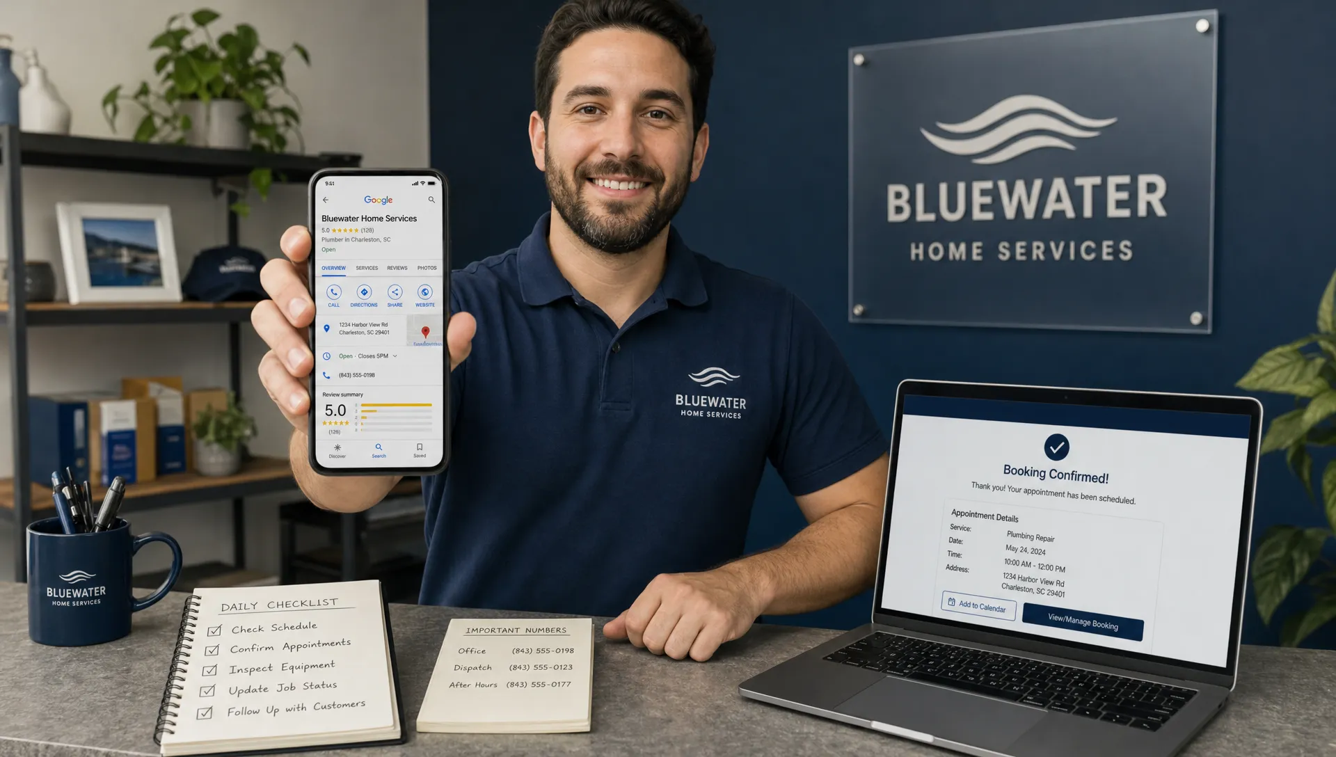 A small business owner checks a Google Maps listing on a smartphone beside notes and a booking confirmation page.