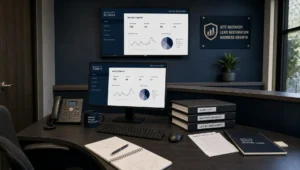 A small office shows website recovery work with a monitor, desk phone, and organized paperwork.
