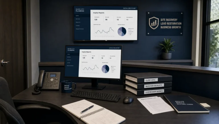 A small office shows website recovery work with a monitor, desk phone, and organized paperwork.
