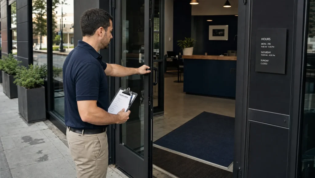 A staff member checks the front entrance and access details at a local business.