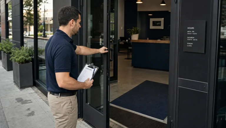 A staff member checks the front entrance and access details at a local business.