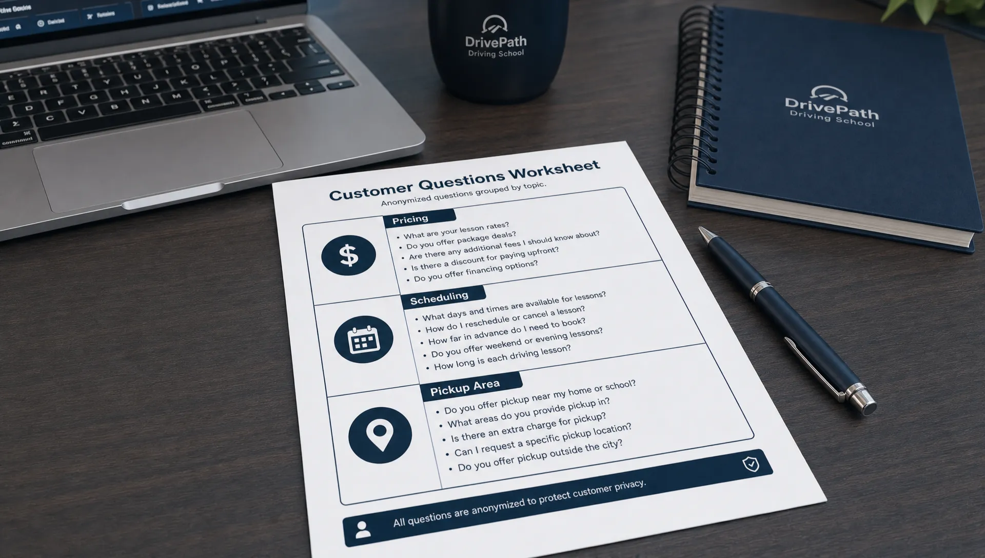 A worksheet groups driving school questions by pricing, scheduling, and pickup areas for AI analysis.