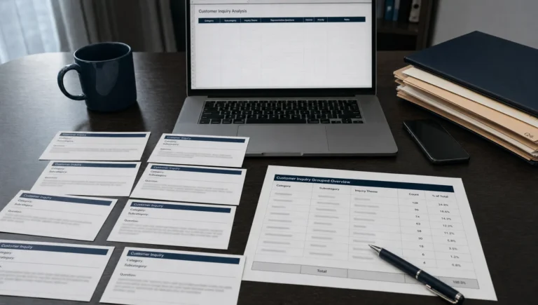 Anonymized customer questions are sorted on a desk beside a spreadsheet and laptop for SEO analysis.