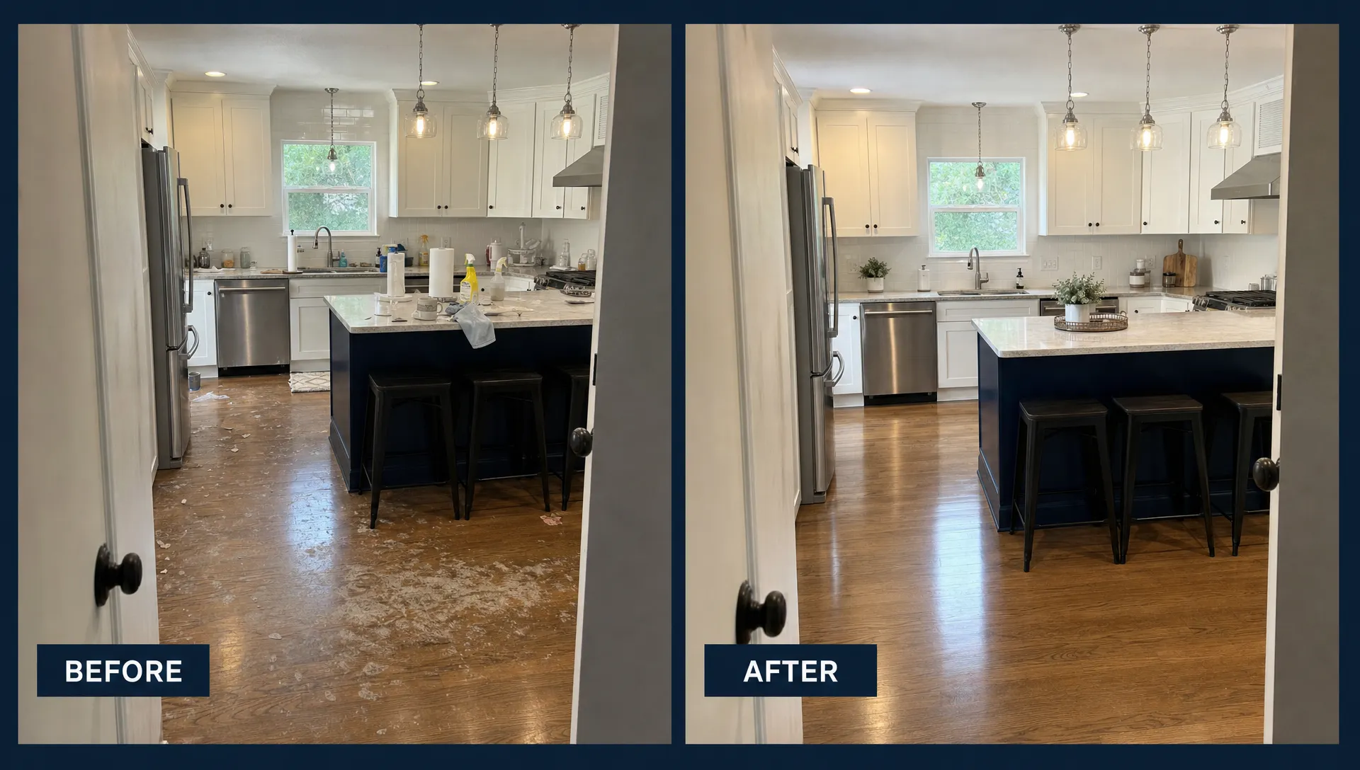 Example photo pair for before-and-after pages showing the same residential kitchen before and after a professional cleaning, shot from the same doorway with matching framing and similar lighting.