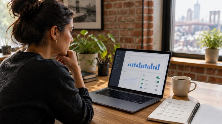 Small business owner reviewing a website hosting dashboard on a laptop