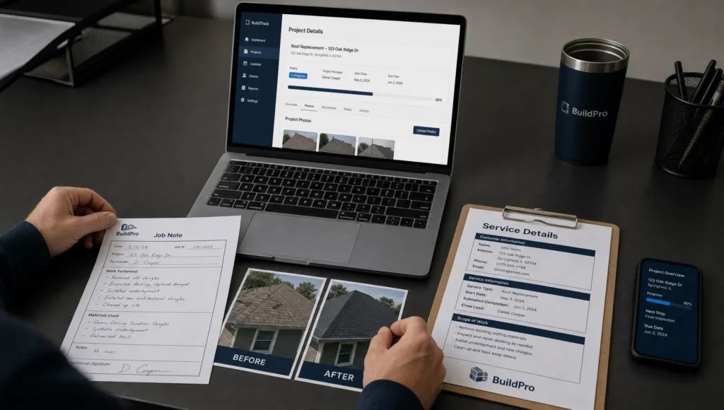 Hands arrange job notes and before-and-after photos while building a local project page at a desk.