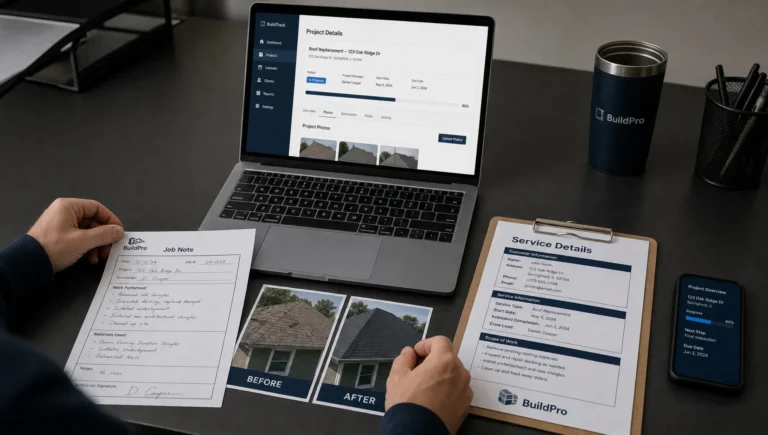 Hands arrange job notes and before-and-after photos while building a local project page at a desk.