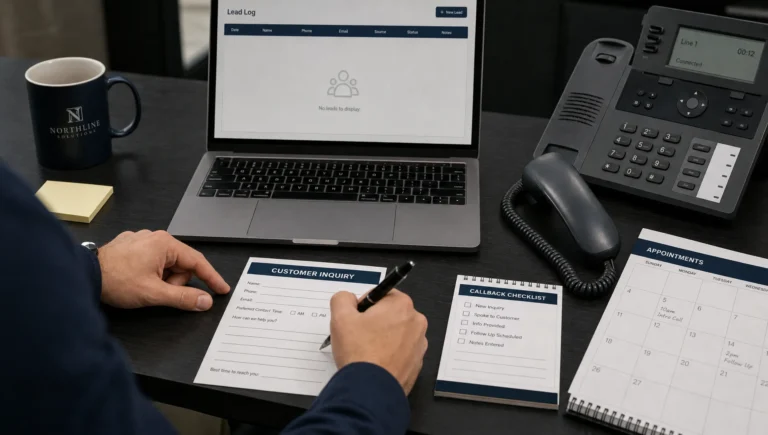 Hands complete a customer inquiry sheet beside a phone, calendar, and callback checklist in a local business office.