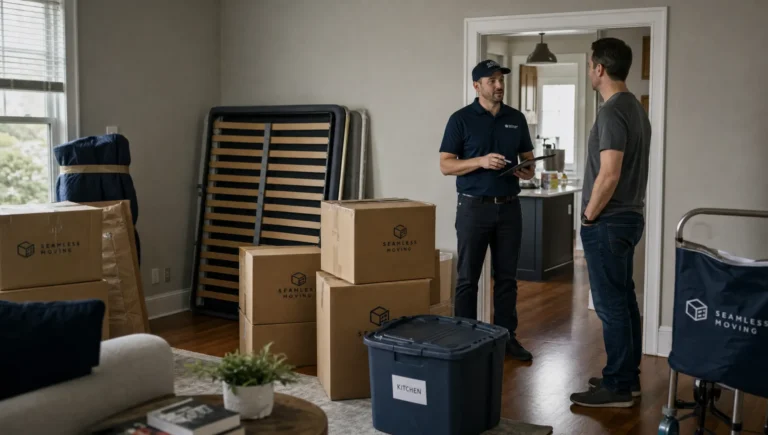 Packed boxes and a mover speaking with a homeowner show an ordinary moving day for local moving companies.