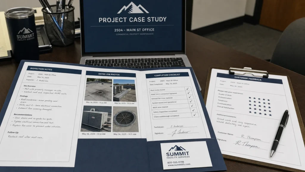 Printed notes, job photos, and a signed checklist sit on a desk while preparing a service business case study.