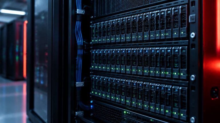 Server rack with NVMe drive bays in a data center